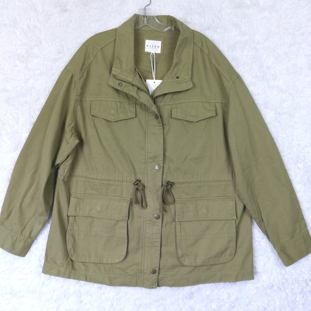 Risen Womens Jacket Utility Oversize Olive Green Herringbone Full Zip 2X New